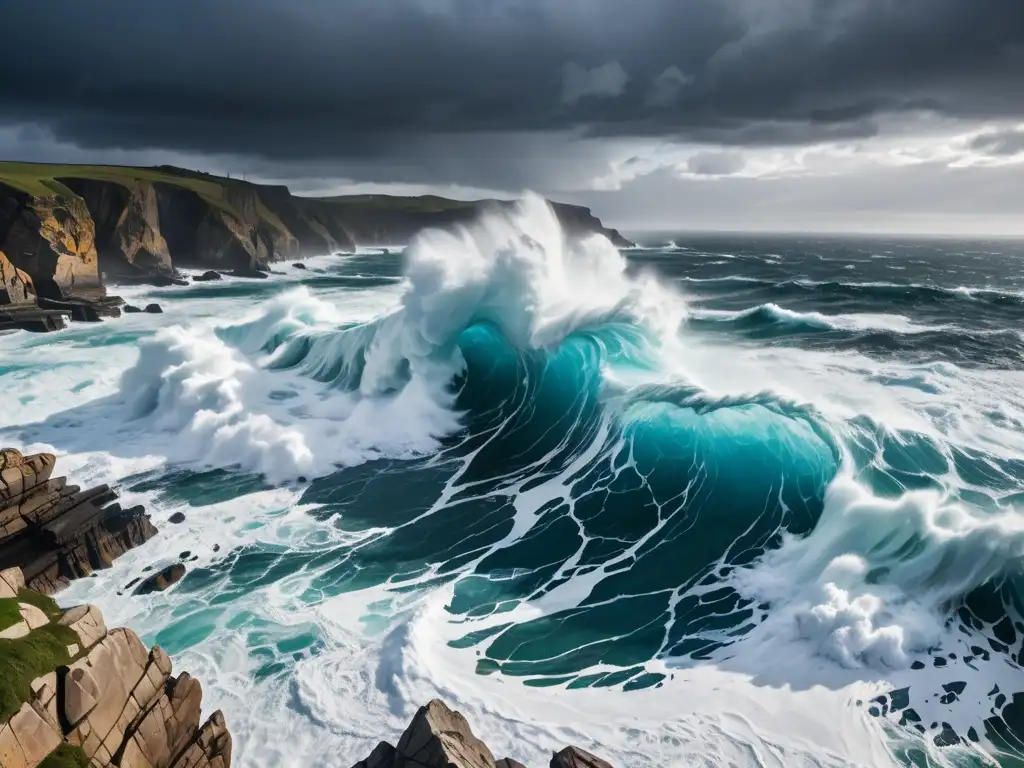 Imagen impactante de costa con olas poderosas chocando contra acantilados