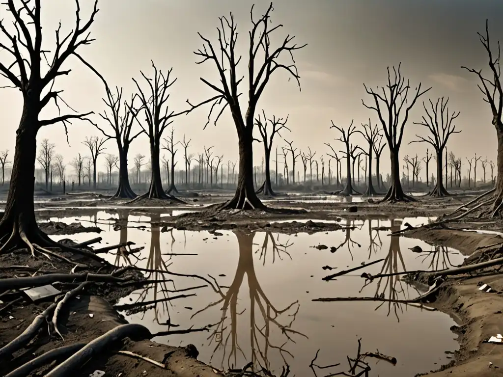 Imagen impactante que muestra la destrucción del medio ambiente por la actividad humana, destacando el ecocidio como crimen contra derechos