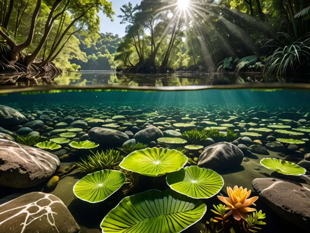 Imagen impactante de ecosistema de agua dulce, con plantas acuáticas y peces en armonía, resaltando el impacto de la Ley de Pesca