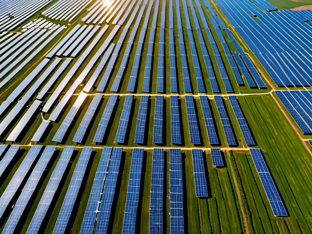 Una imagen impactante de una extensa planta solar en el campo europeo, con paneles relucientes bajo el cielo azul