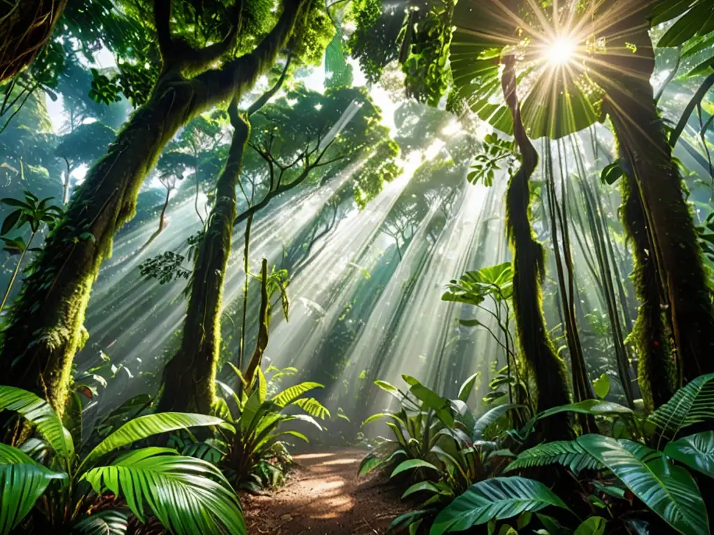 Imagen impactante de un exuberante y biodiverso bosque tropical, con rayos de sol filtrándose a través del denso dosel, destacando la compleja red de vida y el equilibrio delicado de los ecosistemas que el análisis legal edición genética naturaleza busca preservar y proteger