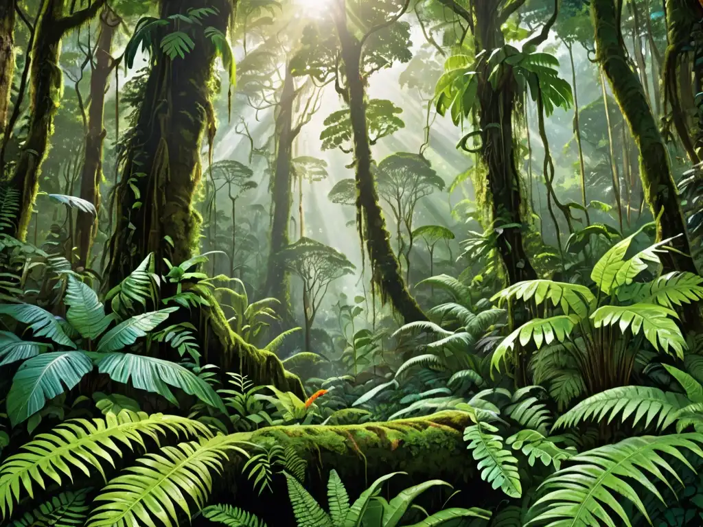 Imagen impactante de un exuberante bosque lluvioso con árboles frondosos y una diversidad de plantas