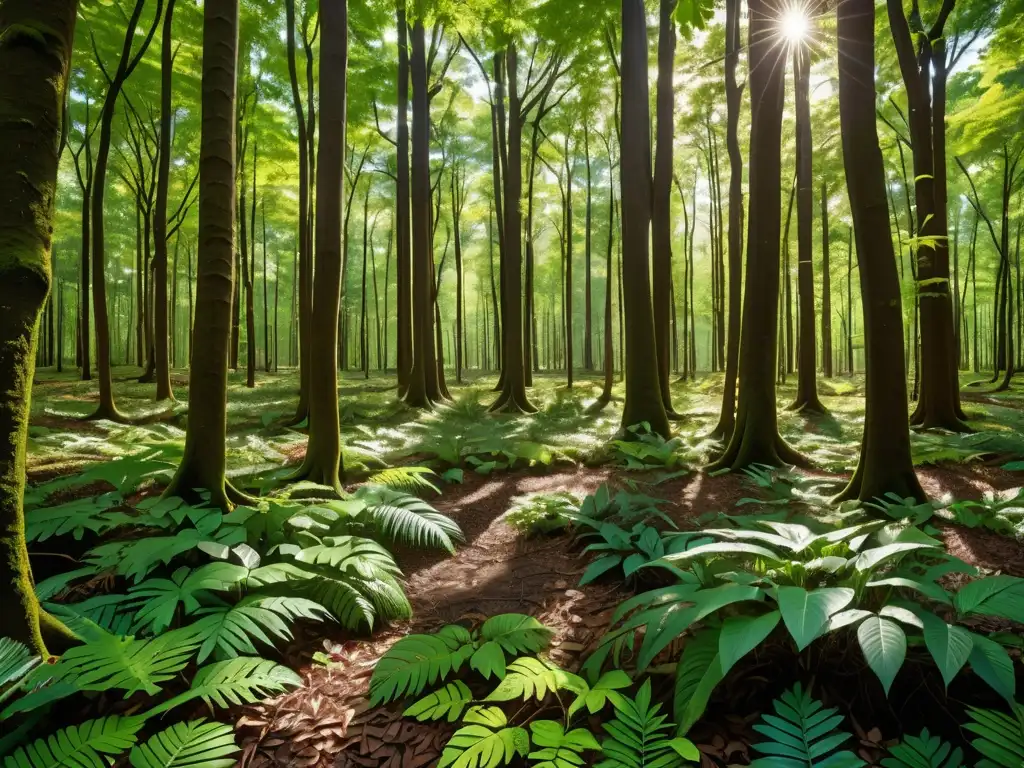 Imagen impactante de un exuberante bosque, con luz solar filtrándose entre el denso dosel y creando patrones de sombra en el suelo