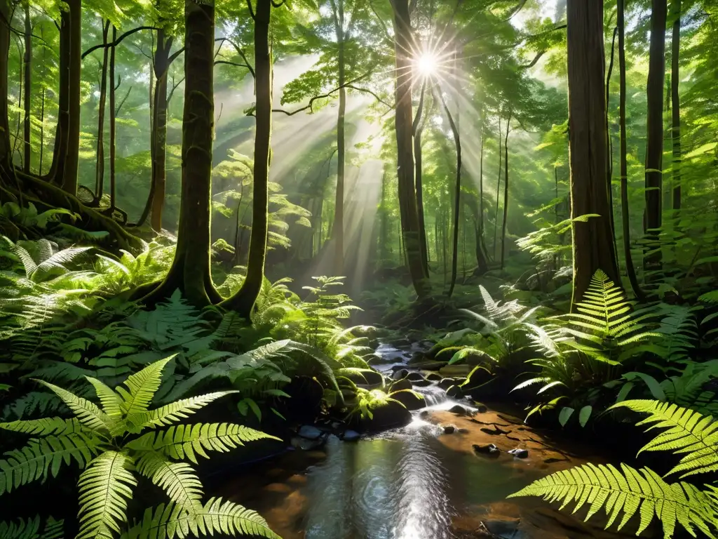 Imagen impactante de un exuberante bosque con luz solar filtrándose entre el denso dosel, creando patrones de luz y sombra en la vegetación vibrante