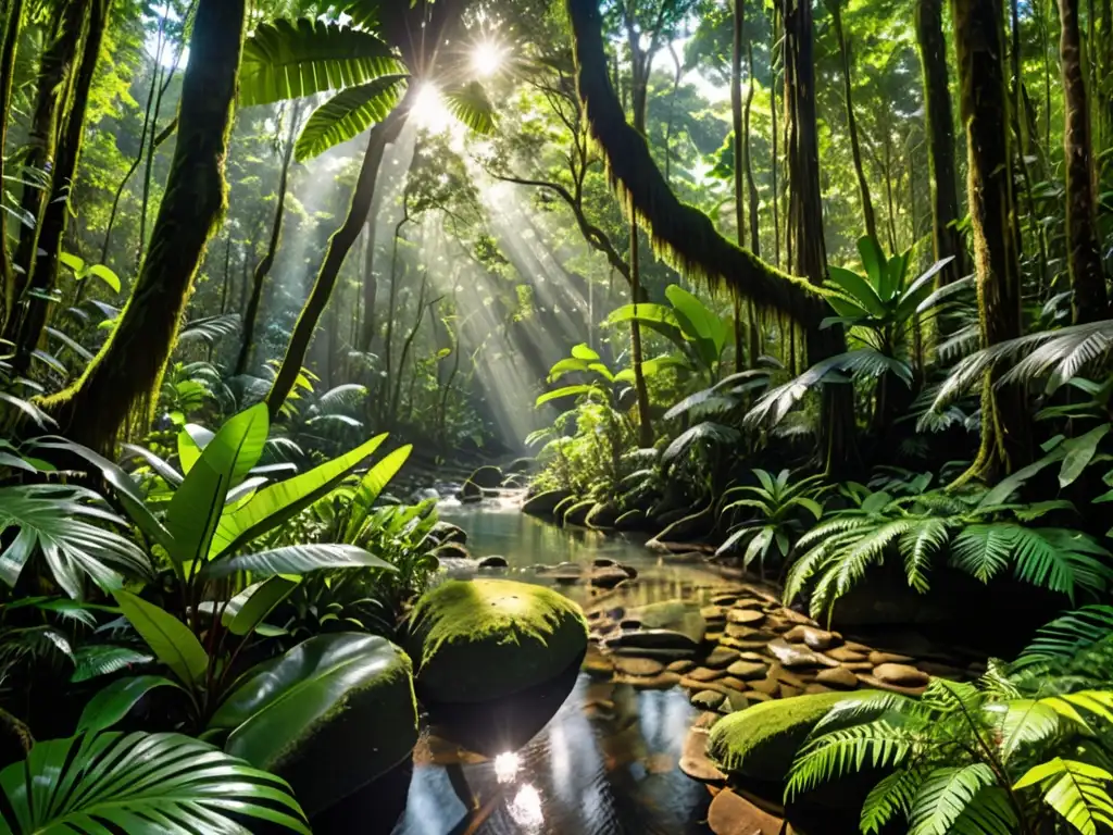 Imagen impactante de un exuberante bosque lluvioso con diversa flora y fauna