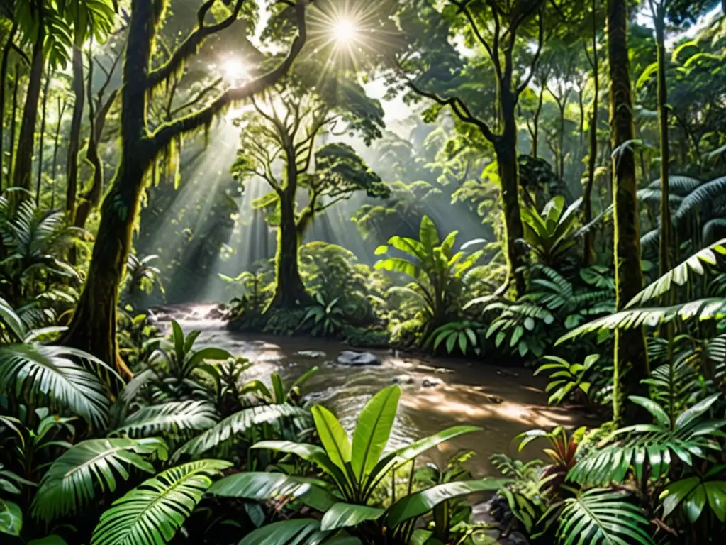 Imagen impactante de un exuberante bosque lluvioso con árboles imponentes, vegetación verde vibrante y diversa vida silvestre