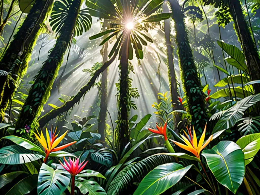 Imagen impactante de un exuberante bosque tropical, con árboles altos, vegetación vibrante y flores coloridas