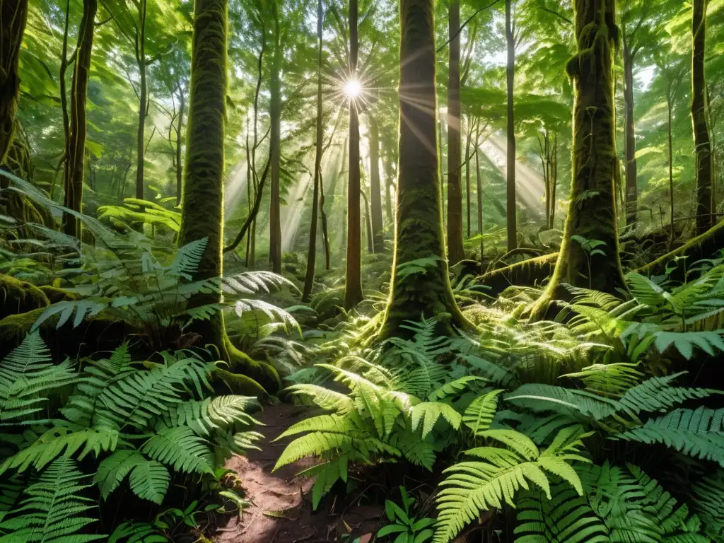 Imagen impactante de un exuberante bosque con luz solar filtrándose entre el dosel, resaltando la biodiversidad