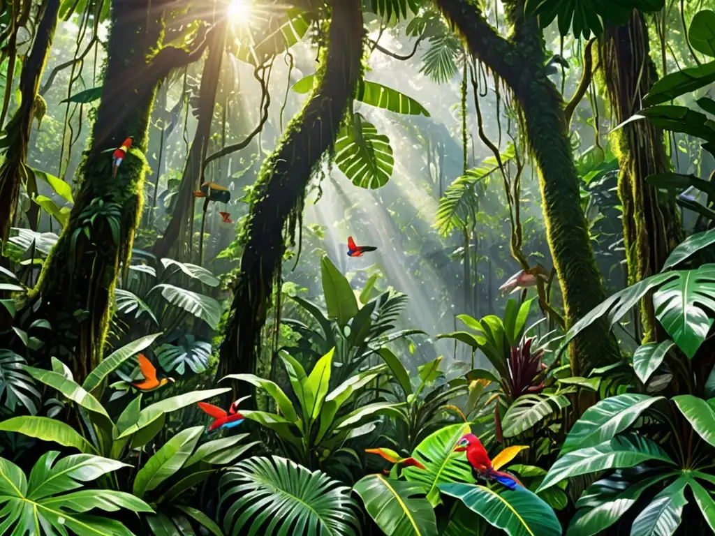 Imagen impactante de una exuberante selva tropical, con una diversidad de plantas, árboles y vida silvestre