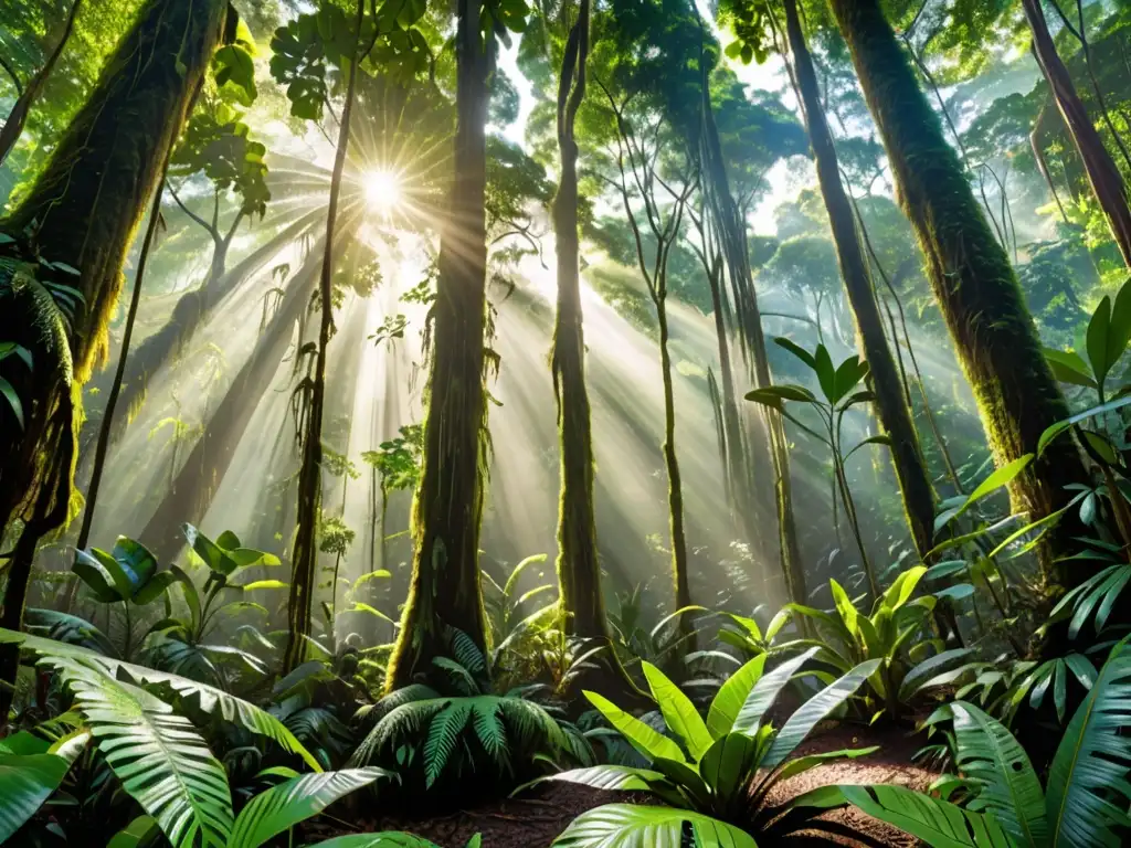 Imagen impactante de un exuberante y vibrante bosque lluvioso, con árboles imponentes, diversa vegetación y una rica gama de verdes