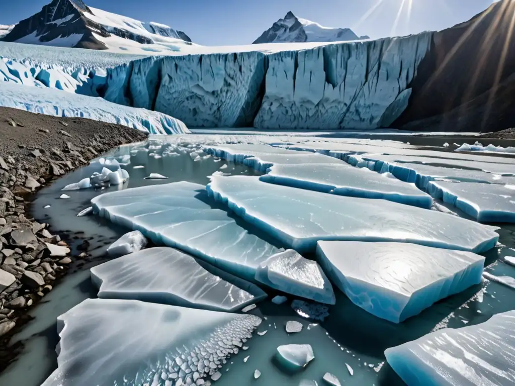 Imagen impactante de un glaciar derritiéndose, con formaciones de hielo relucientes y agua fluyendo