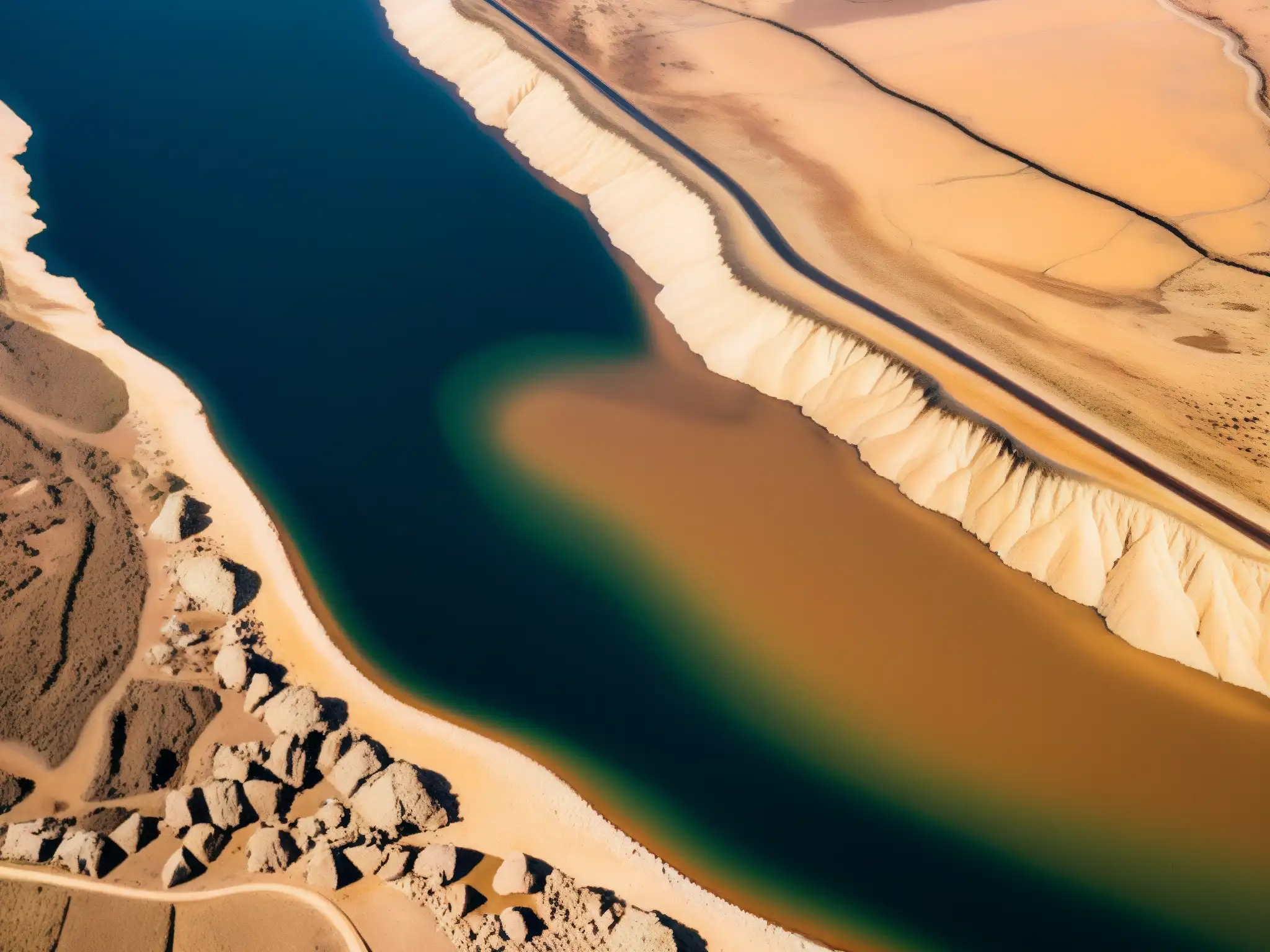 Imagen impactante del impacto global del incumplimiento ambiental empresarial: río contaminado y paisaje desolado