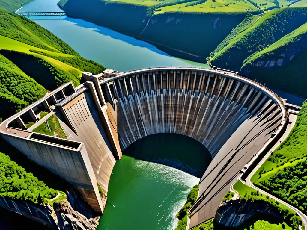 Imagen impactante de una imponente presa hidroeléctrica entre montañas verdes