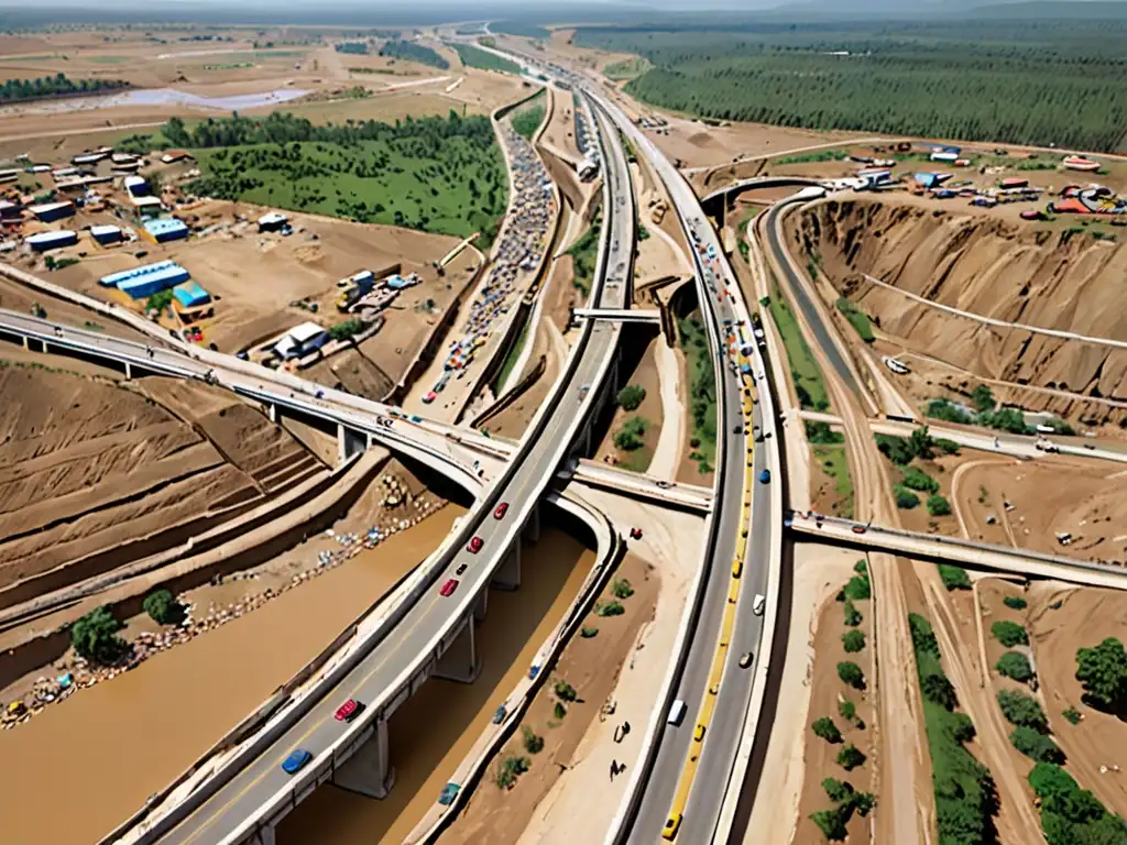 Imagen impactante de infraestructuras controvertidas y sus efectos en comunidades, generando dilemas éticos y conflictos