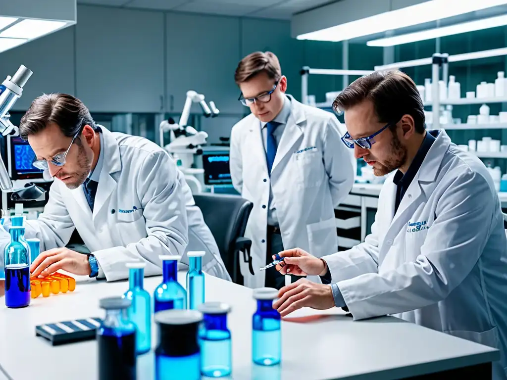 Imagen impactante de laboratorio con científicos en batas blancas trabajando en la investigación de terapia génica