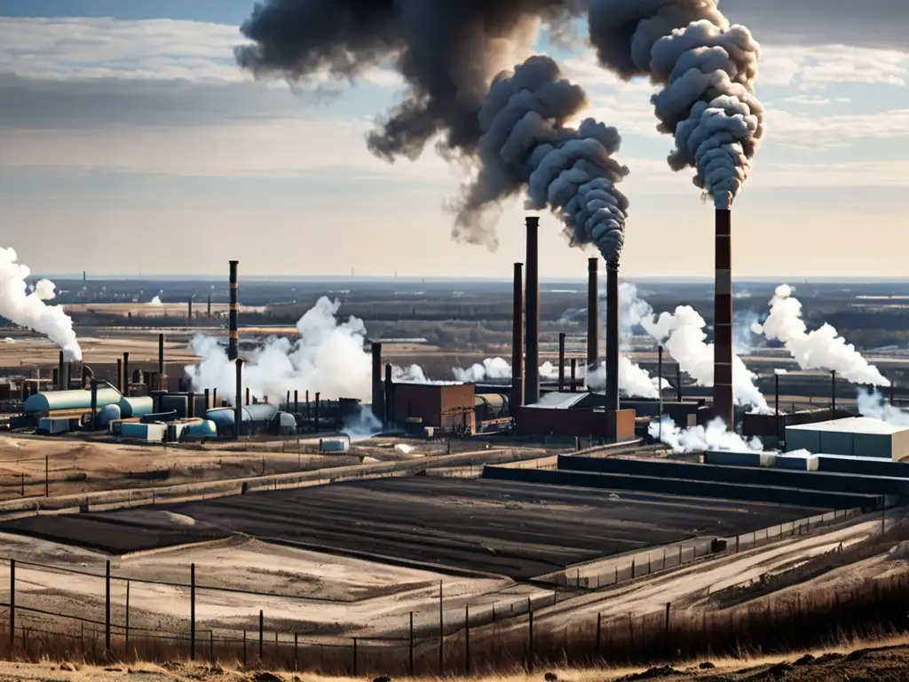 Imagen impactante de gestión legal de tierras contaminadas corporativas en un paisaje industrial y contaminado