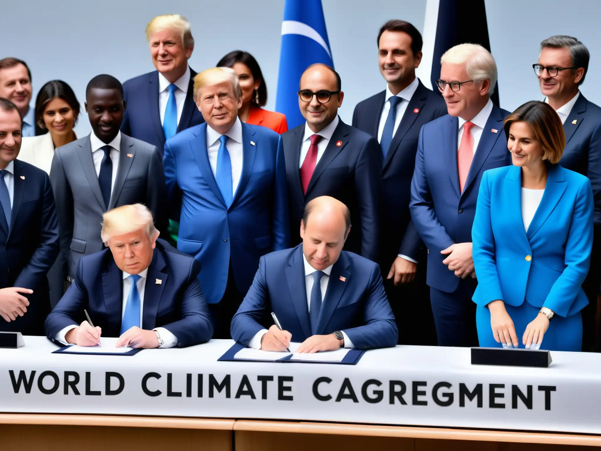 Imagen impactante de líderes mundiales firmando los Acuerdos internacionales lucha cambio climático, rodeados de activistas y diplomáticos