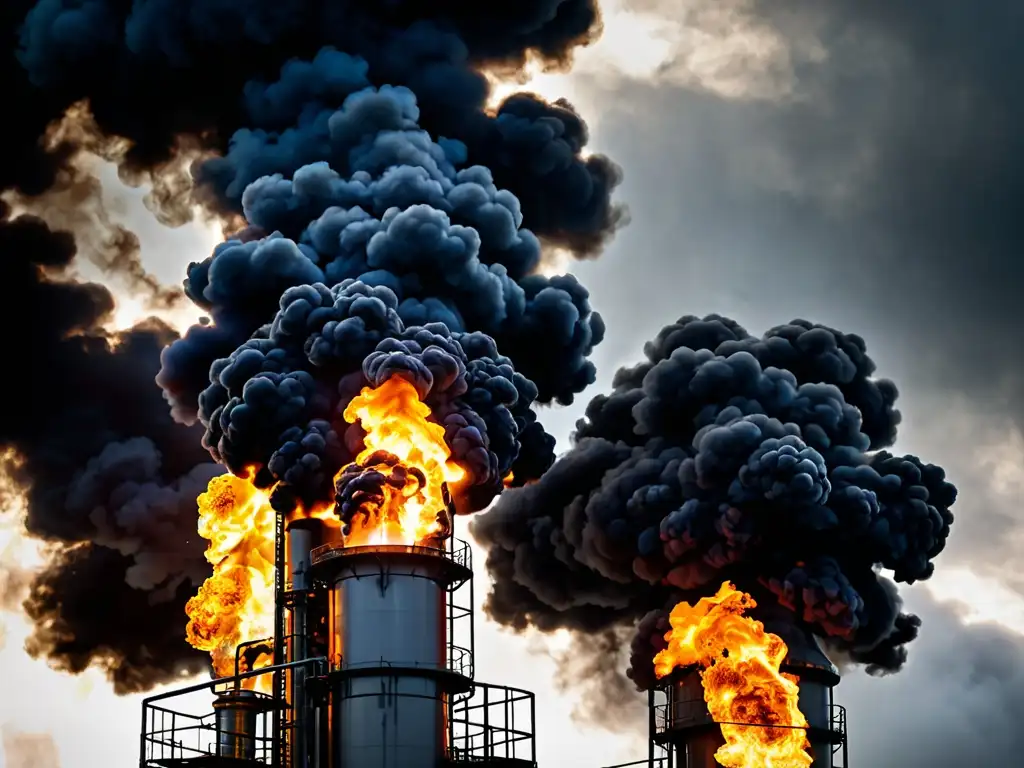 Imagen impactante de una llama de gas metano en una planta industrial, destacando la importancia del control de emisiones y la legislación ambiental