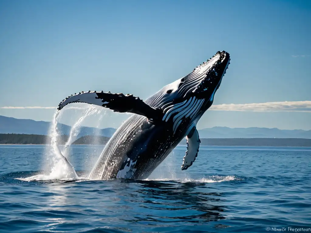 Imagen impactante: majestuosa ballena jorobada salta en el océano, resalta la importancia de la regulación sobre la caza de ballenas y su impacto ambiental