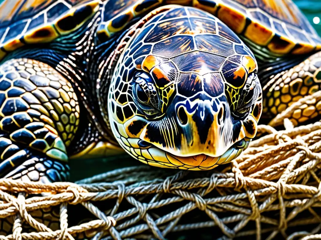 Imagen impactante de una majestuosa tortuga marina atrapada en una red de pesca, con signos visibles de angustia