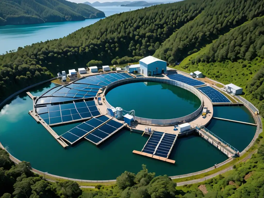 Imagen impactante de una moderna instalación de acuicultura biotecnológica en armonía con el mar, reflejando desarrollo sostenible y cuidado ecológico