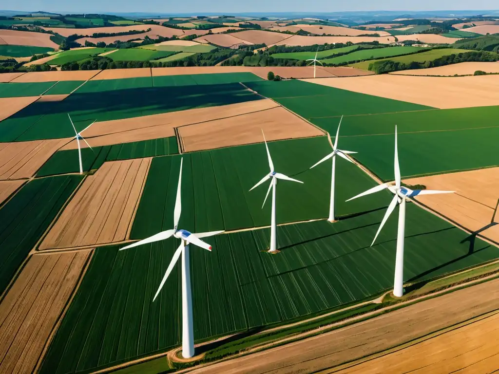 Imagen impactante de molinos de viento en paisaje rural, destacando la integración de políticas de energías renovables rurales