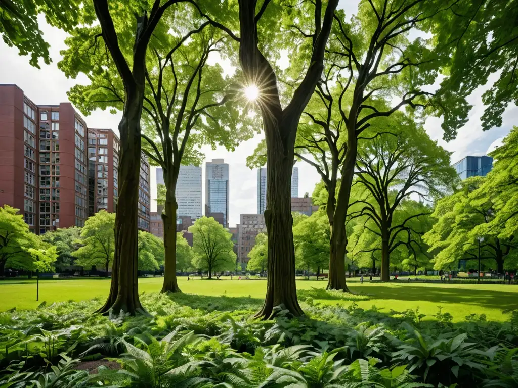 Imagen impactante de un oasis urbano amenazado por fracking en zonas verdes urbanas, transmitiendo preocupación y urgencia ambiental