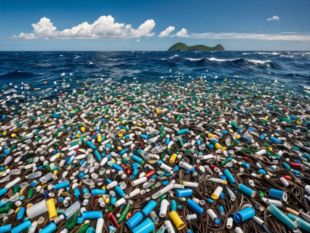 Imagen impactante de un océano vasto y contaminado con plásticos flotantes, contrastando con la vida marina prístina