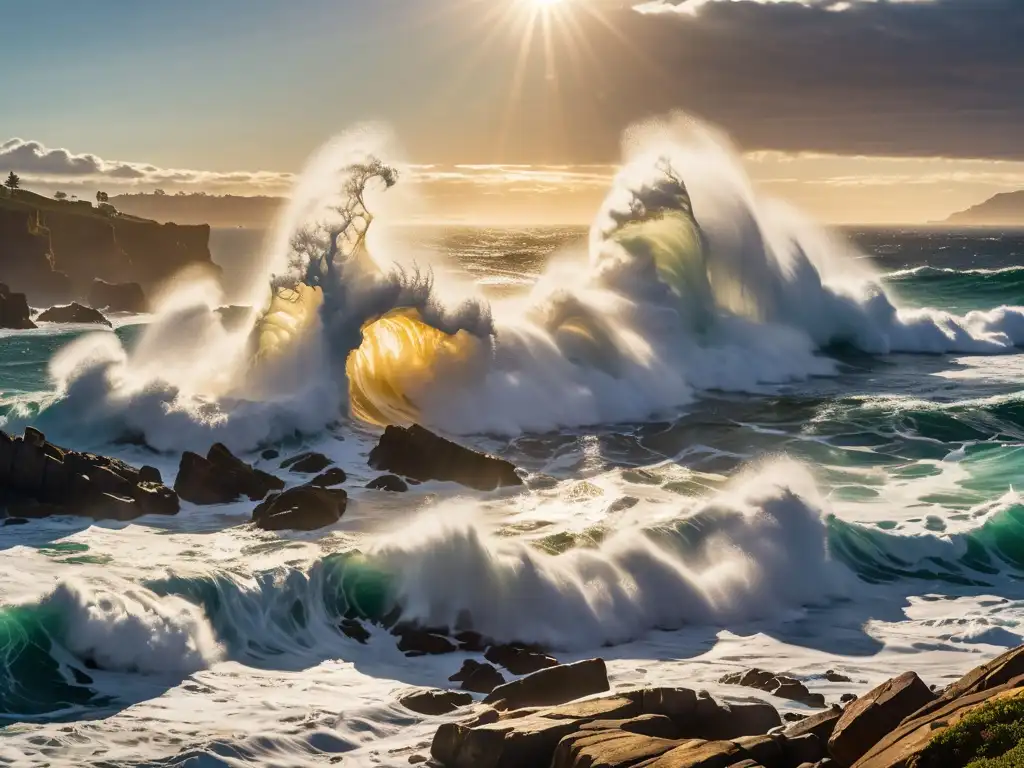 Imagen impactante de olas del mar chocando contra una costa rocosa, con espuma blanca y luz dorada