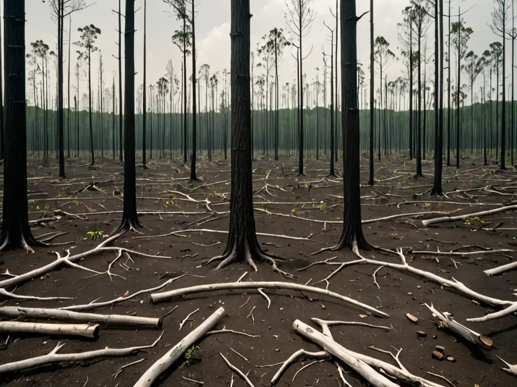 Imagen impactante de un paisaje deforestado con árboles estériles en contraste con un bosque exuberante al fondo