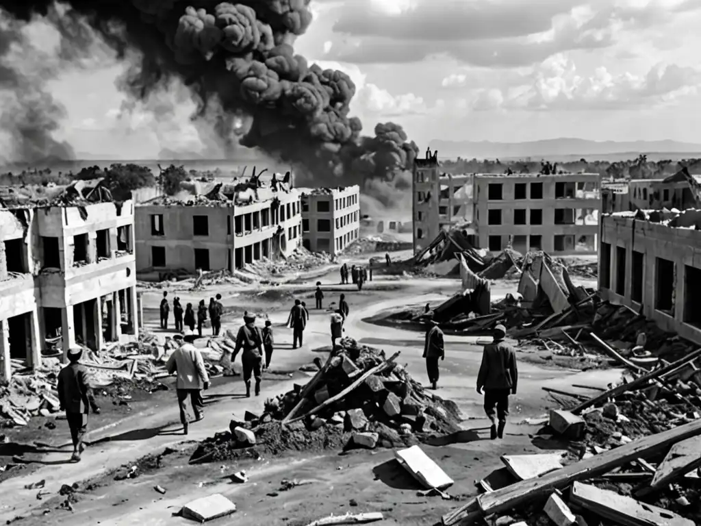 Imagen impactante de un paisaje destruido por conflictos armados, con esfuerzos de reconstrucción