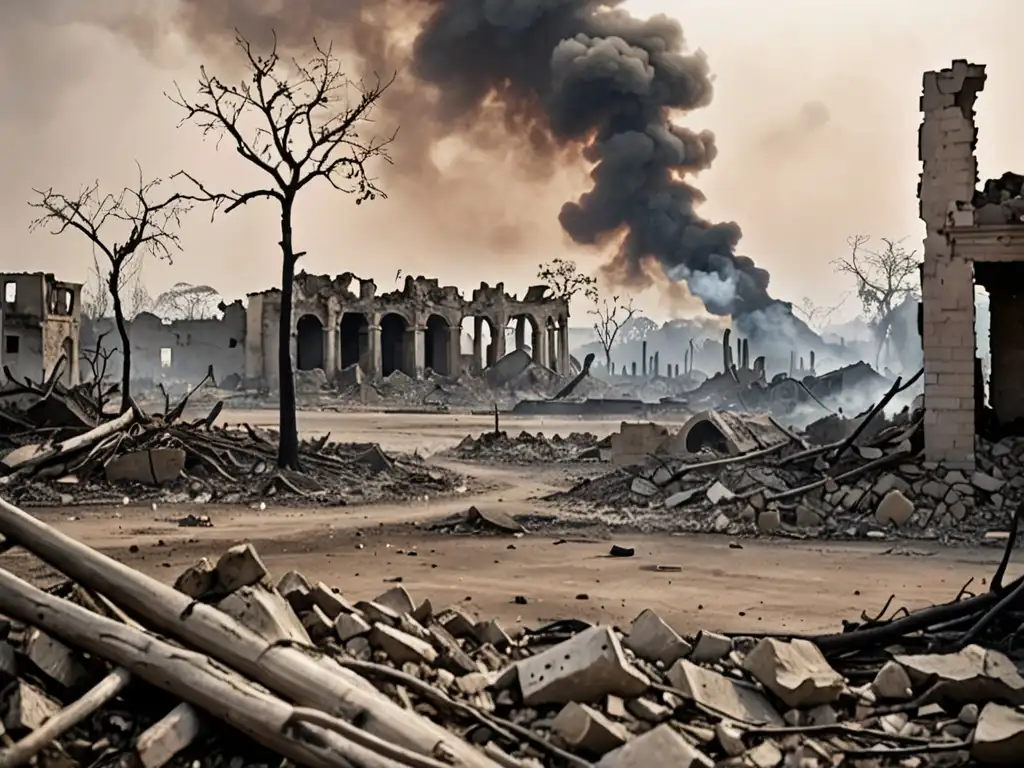 Imagen impactante de un paisaje devastado por la guerra, con un edificio destruido en primer plano y humo elevándose a lo lejos