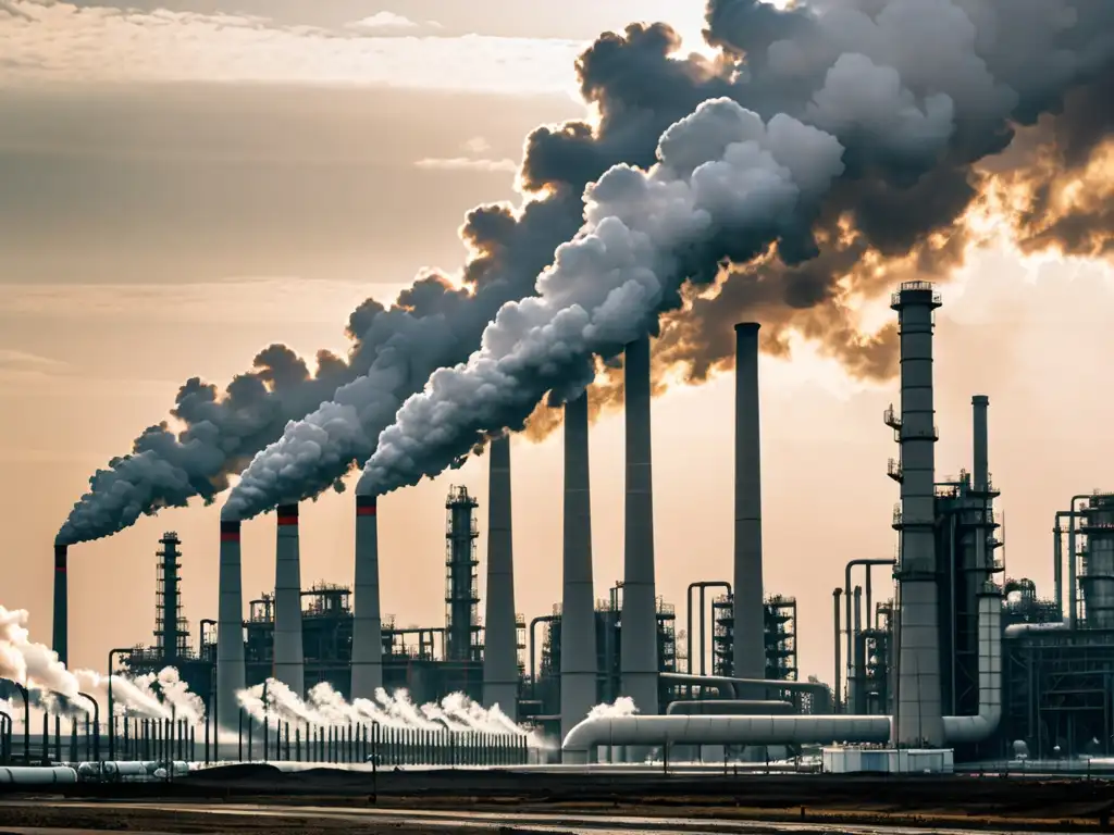 Imagen impactante de una planta química industrial con humeantes chimeneas y trabajadores en equipo