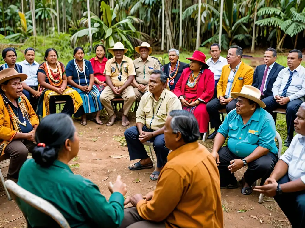 Imagen impactante de reunión comunitaria en Oceanía sobre legislación ambiental y minería, con participantes diversos y expresiones intensas