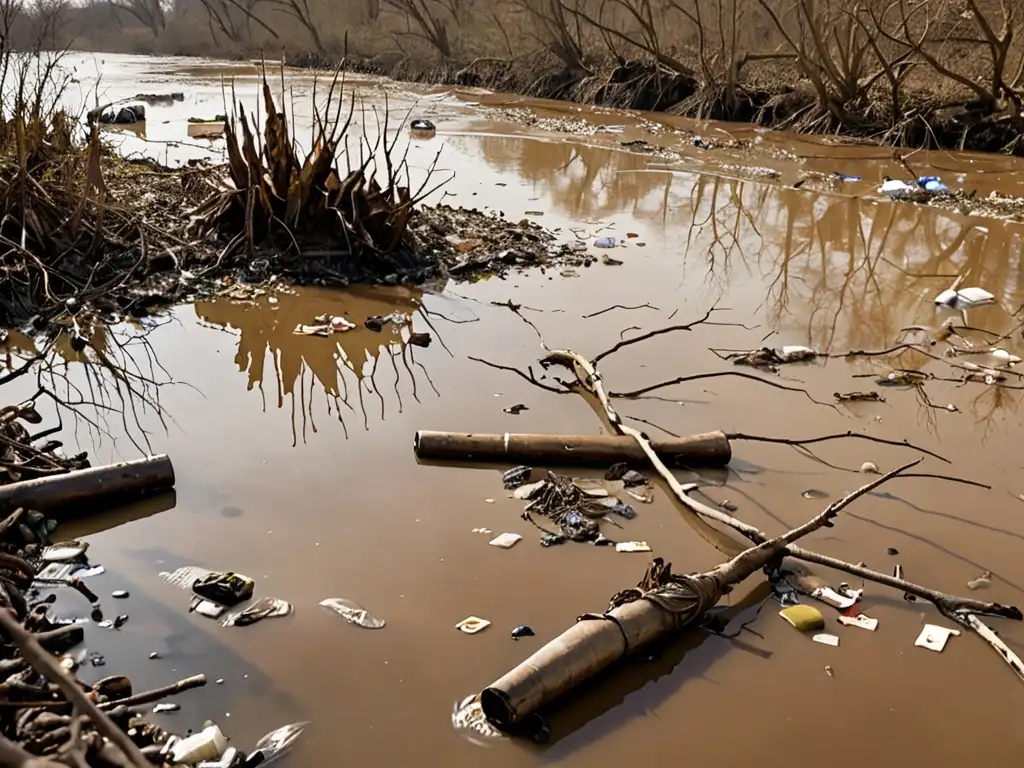 Imagen impactante de un río contaminado, con agua marrón y basura flotando