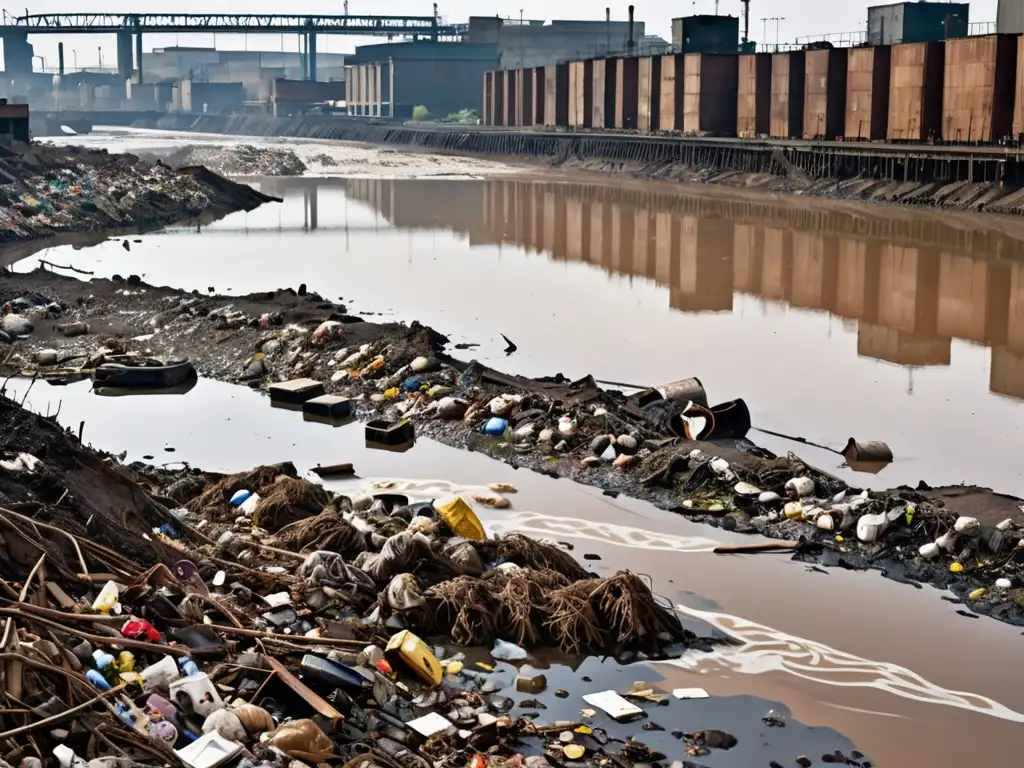 Imagen impactante de un río contaminado con desechos y humo de fábrica