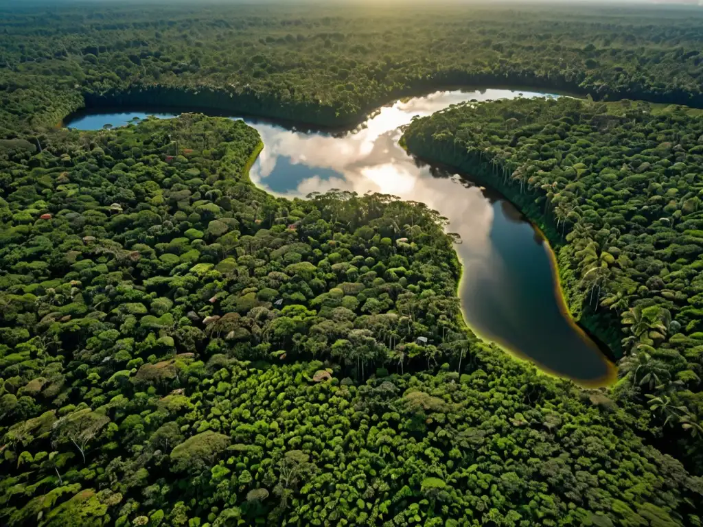 Imagen impactante de la selva amazónica, resaltando su belleza y significado ecológico, con un río serpenteante y una aldea indígena remota