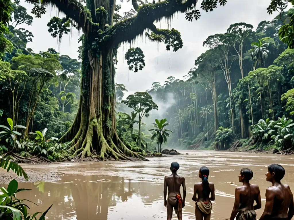 Imagen impactante de la selva con grupo indígena frente a río contaminado, reflejando el impacto global de la minería ilegal