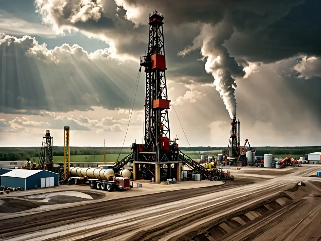 Imagen impactante de un sitio de fracking con torres de perforación y equipo industrial, resaltando los riesgos y controversias del fracking