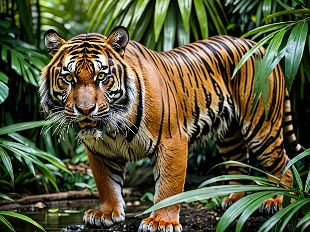 Imagen impactante de un tigre de Sumatra en su hábitat natural en Zona de Conservación Especial, destacando la importancia de proteger especies amenazadas