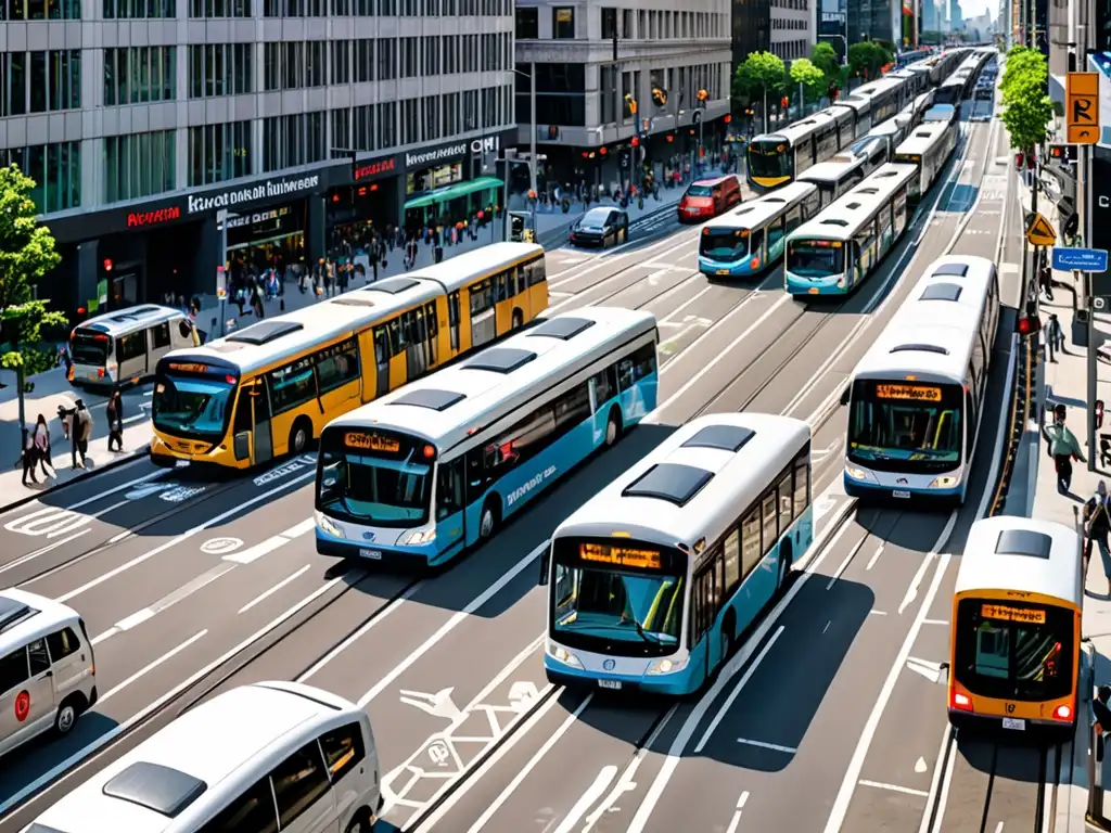 Imagen impactante de transporte público en ciudad, destacando leyes de emisiones y su impacto global