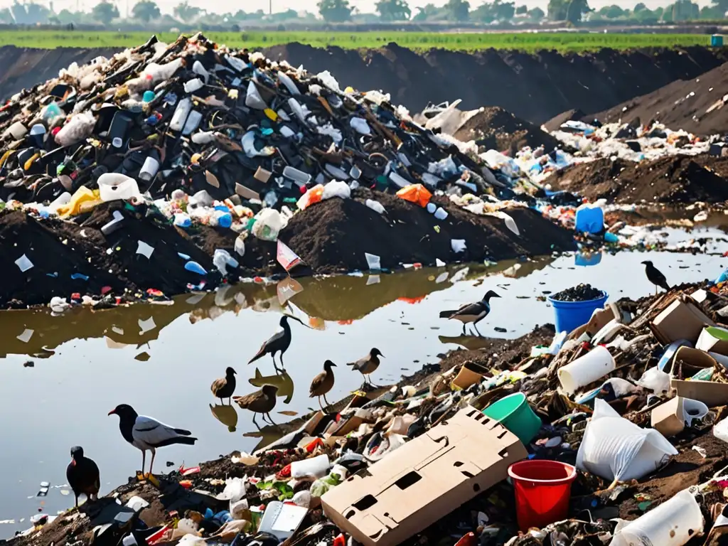 Imagen impactante de un vertedero con desechos mixtos, aves carroñeras y agua contaminada, representando dilemas éticos y consecuencias ambientales