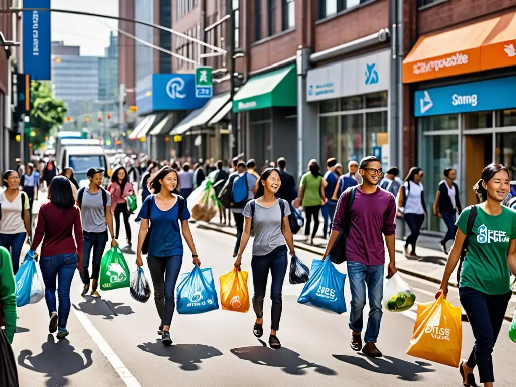 La imagen muestra el impacto de la regulación de plásticos de un solo uso, con una bulliciosa calle urbana y personas adoptando prácticas sostenibles