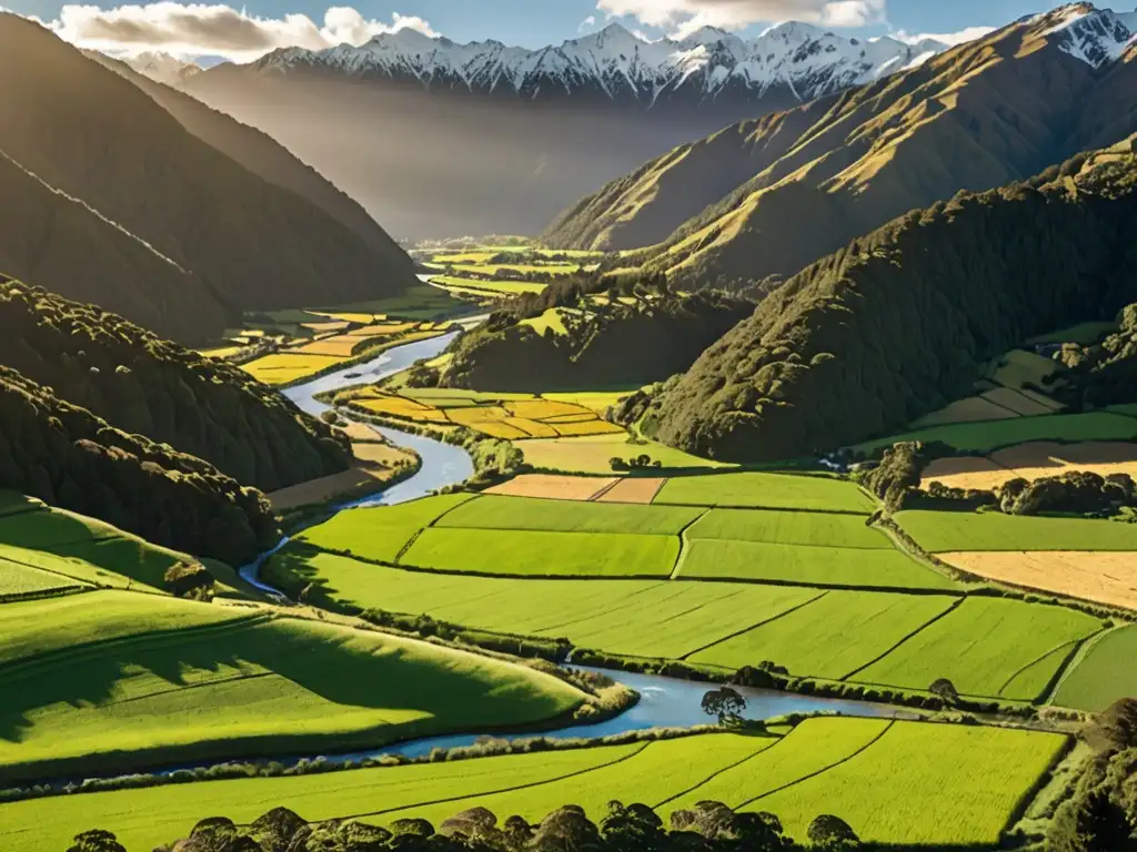 Imagen impresionante de paisaje verde exuberante en Nueva Zelanda, con granjas y montañas nevadas