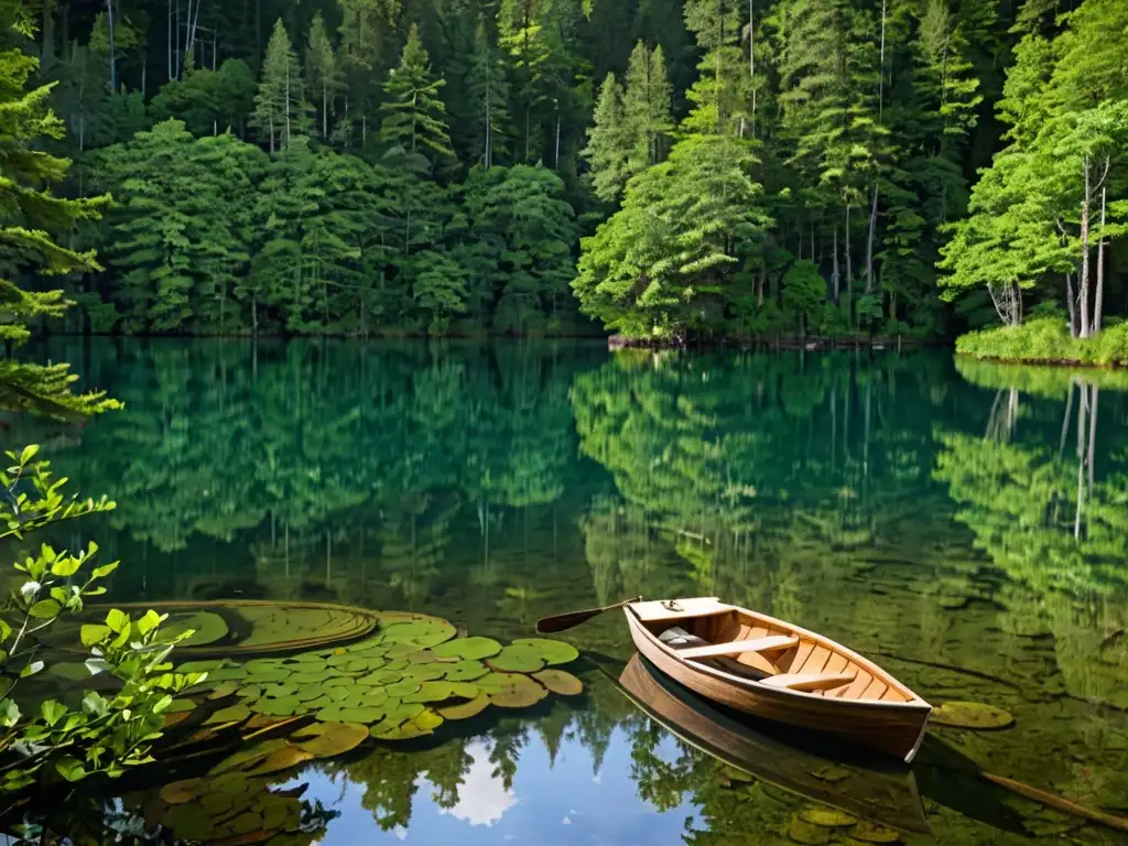 Imagen de un lago de agua dulce sereno y cristalino, rodeado de exuberante vegetación, con un bote de pesca de madera en primer plano