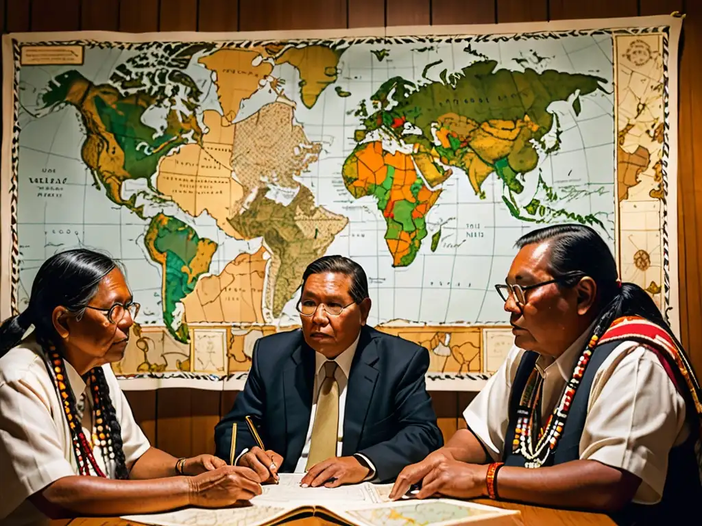 Imagen de líderes indígenas en intensa discusión legal por la protección de sus territorios ancestrales, rodeados de mapas y documentos