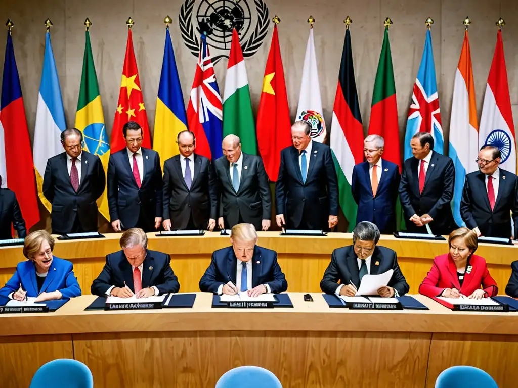 Imagen de líderes mundiales firmando un acuerdo climático en la cumbre de la ONU