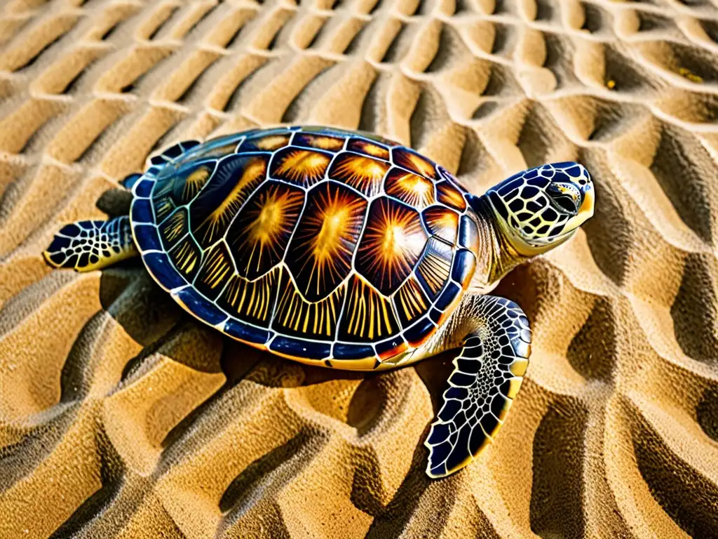 Imagen de una majestuosa tortuga marina anidando en una playa, con conservacionistas monitorizando sus actividades