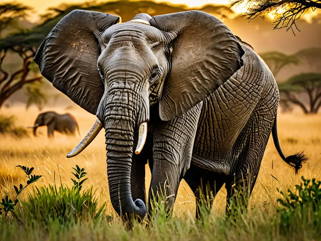 Imagen de un majestuoso elefante africano en la sabana, destacando la importancia de protegerlos contra la caza furtiva en África