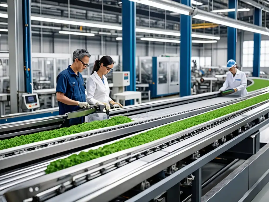 Imagen de una moderna planta industrial con maquinaria metálica en movimiento y trabajadores monitoreando operaciones